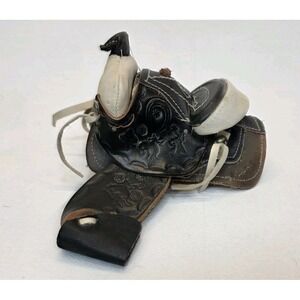 Vintage Mini 5" Leather Western Black Brown Collectible Realistic Saddle